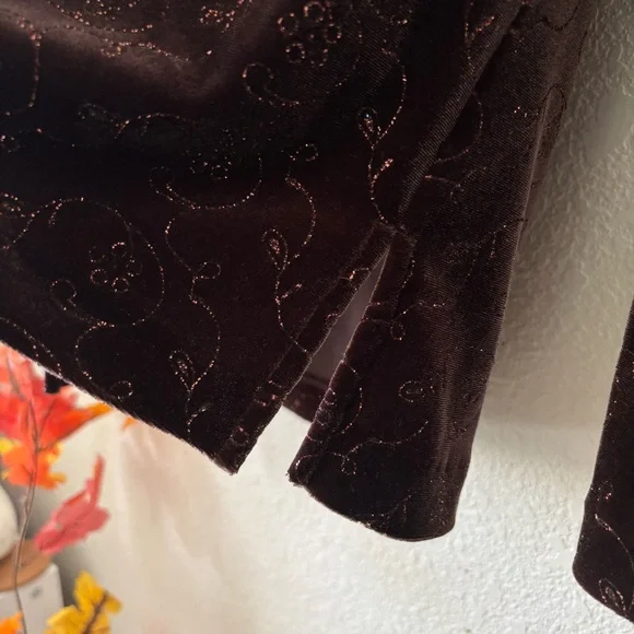 Draper’s & Damon's Vintage Brown Velvet Floral Glitter Button Down Shirt Size S - Picture 7 of 11